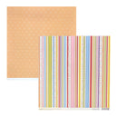 Two square sheets of patterned paper on a white background. The top sheet is peach with a small white floral pattern, and the bottom sheet features multicolored vertical stripes with white borders.