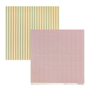 Two patterned paper sheets overlapping on a white background. The top-left sheet has vertical stripes in pale yellow and green, and the bottom-right sheet has a red and white chevron pattern.