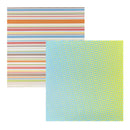 Two square patterned paper swatches on a white background: one with horizontal multicolor stripes and one with a blue-to-yellow halftone grid pattern.