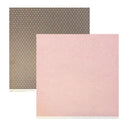 Two square patterned paper sheets overlapping on a white background. The top sheet is dark brown with small white and pink polka dots, and the bottom sheet is light pink with a subtle embossed floral line pattern.