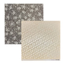 Two square sheets of patterned paper shown on a white background. The top-left sheet is black with a white floral line pattern, and the bottom-right sheet is a warm beige with a subtle metallic-looking floral print.