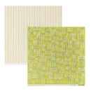 Two sheets of scrapbook paper displayed on a white background. The left sheet features vertical stripes in yellow, blue, and white, while the right sheet features a lime green background with a repeating pattern of white gift boxes outlined in teal.