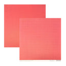 Two square sheets of textured paper in a coral pink shade, overlapping on a plain white background. A small paper label is visible along the bottom edge of the front sheet.