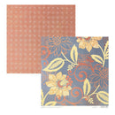 Two square patterned paper sheets overlapping on a white background. The top sheet is a muted terracotta color with a repeating small floral motif.
Bottom sheet is a navy with florals and flocked vines.