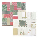 A sheet of holiday-themed scrapbooking paper with a patchwork pattern of red, green, and beige patterns on the left, and a coordinating patterned cardstock sheet with festive frames, labels, and floral designs on the right, set against a plain white background.
