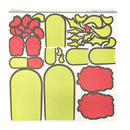 A sheet of craft or scrapbooking paper featuring colorful die-cut shapes, including two large light yellow-green arches, several red textured shapes, and smaller matching pieces outlined in dark gray, on a white background.