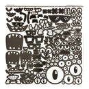 A sheet of monster-themed sticker cutouts featuring various cartoon eyes, mouths, and monster faces in black and white.