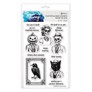 Hungry Bugz by Susan Honey create photopolymer stamps in Halloween-themed packaging, featuring black and white illustrations of skeletons, a pumpkin, a raven, and a cat with humorous phrases.
