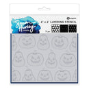 Simon Hurley Create Ranger 6x6 layering stencil with 3 pieces, featuring pumpkin face designs on a clear plastic sheet in retail packaging.