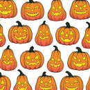 A square print or card featuring a repeating pattern of orange jack-o'-lantern pumpkins with carved yellow faces, shown against a purple background.