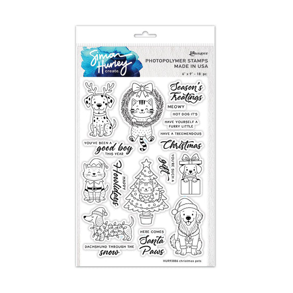 A package of Susan Hurley Create photopolymer stamps featuring Christmas-themed animal illustrations and holiday phrases on a white backing card.