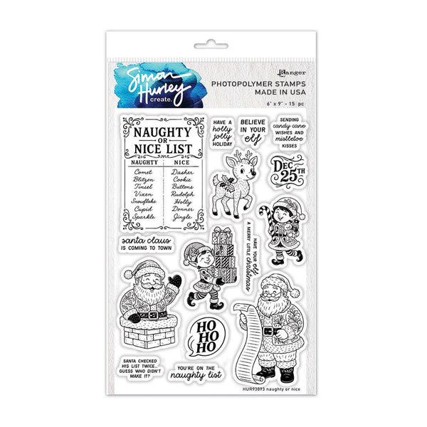 A package of Jim Hewey Creations photopolymer stamps featuring various Christmas-themed designs including Santa Claus, reindeer, and holiday phrases on a white background.