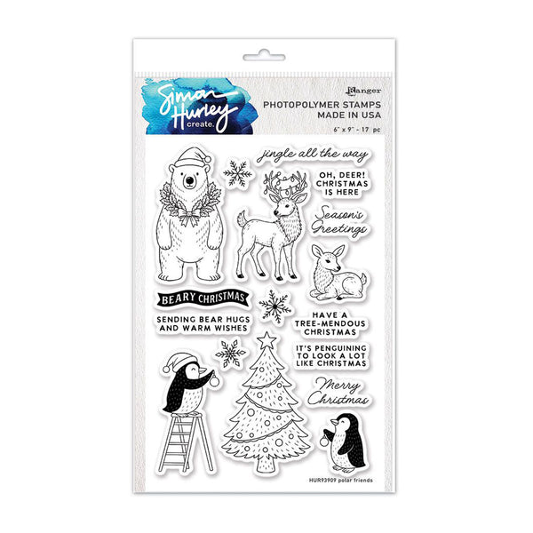 Jana Hurley 'Create' photopolymer stamps in holiday animal theme, featuring a bear, deer, fox, penguin, and Christmas tree with festive phrases, shown in its retail packaging.