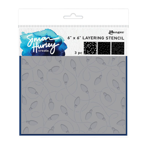 Simon Hurley create Langer 6x6 layering stencil 3-piece set in retail packaging, featuring a gray patterned sheet with black and white dot designs.