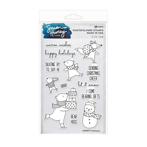 Packaging of Simon Hurley clear stamps with winter-themed designs on a white background