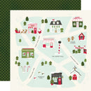 A Christmas-themed illustrated map card showing streets, houses, shops, candy canes, trees, and landmarks like the North Pole, with a dark green plaid pattern peeking from behind the top left corner.