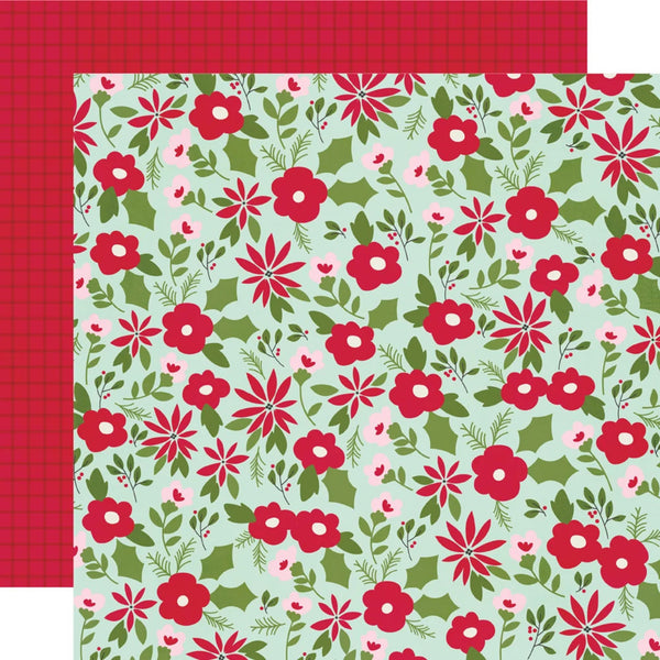 A square patterned sheet or swatch showing a repeating floral print with red flowers, green leaves, and small pink accents on a pale mint background, with a red plaid corner visible.