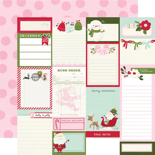 A set of Christmas-themed stationery notepad sheets arranged on a pink polka-dot background. The sheets feature festive illustrations including Santa Claus, a snowman, a reindeer, a Christmas tree, ribbons, and holiday text fields such as 'December 25', 'Rush Order', and 'Take Note'.
