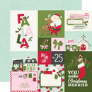 A collage of Christmas-themed paper cardstock designs in pastel and festive colors, including Santa Claus with a reindeer, holiday houses, bows, candy canes, envelopes, and phrases like 'FALALALA' and 'You make Christmas merrier'.