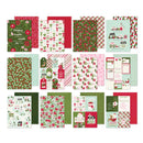 A 3x5 grid of 15 Christmas-themed paper designs and coordinating cardstock sheets, featuring festive patterns like snowflakes, candy canes, Santa Claus, snowman prints, holiday signs, and red, green, pink, and white colorways.
