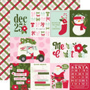 A collection of Christmas-themed paper scrapbooking sheets featuring festive designs like a snowman, Santa Claus, a Christmas truck, holiday bows, and seasonal text such as 'Merry Christmas' and 'Believe in Santa'.