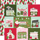 A festive holiday-themed collage of illustrated storefronts and winter scenes, including Santa Claus, reindeer, Christmas trees, and shop signs such as Tinsel & Timber, North Pole Main Street, The Bow-Tique, and Santa's Sweet Shoppe. The design uses multiple holiday colors with red, green, pink, white, and blue in a patterned layout.