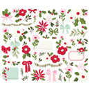 A sheet of Christmas-themed decorative stickers or clipart elements on a white background, including red and pink flowers, green holly leaves, pine branches, bows, garlands, and blank label frames.