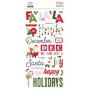 A sheet of holiday-themed stickers with festive text and illustrations, including 'FA LA LA', 'jingle', 'December', 'DEC', 'WONDERFUL', 'Santa', 'happy', and 'HOLIDAYS', along with a reindeer and candy cane, on a white background.