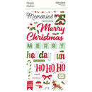 A sheet of Simple Stories 'Memories Merry Christmas' foam stickers, featuring festive text like 'Merry Christmas' and 'holiday fun' in red, green, and white, along with holiday illustrations of a candy cane, snowman, reindeer, and holly.