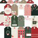 A sheet of Christmas-themed paper gift tags and labels with multiple designs, including red and white stripes, a tree, candy canes, a mug with hot cocoa, a house, wreath, and holiday text such as 'Merryest', 'be merry', and 'Cup+Cheer'.