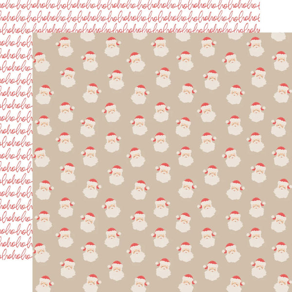 A repeating pattern of Santa Claus faces on a warm beige background, with a vertical strip of pink text reading 'hahaha' on the left side.