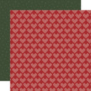 Two patterned paper sheets overlapping, with the front sheet in red and white heart motif and the back sheet in dark green with small white dots.