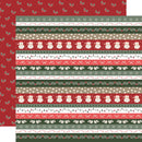 A stack of patterned paper sheets with horizontal holiday stripes in red, green, beige, and white, including snowman motifs, holly leaves, candy canes, and snowflakes.