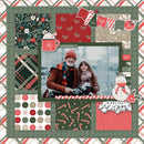 A festive holiday scrapbook or photo collage layout with multiple red, green, and beige patterned paper sections, a central family photo of an older man and a young girl, Christmas-themed stickers including a snowman and holiday banner, and a 'Holiday Season' script badge.