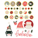 A sheet of Christmas-themed sticker or decal designs on a white background, including round ornaments with holiday patterns, colorful circles, a black car with a Christmas tree, red poinsettias, a Santa hat with 'Merry Days' text, a Santa face in a red circle, and 'holo ho' in red script.