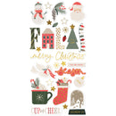 A sheet of Christmas-themed stickers featuring festive illustrations such as a snowman, Santa, pine branches, stars, a house, tree, mug, stocking, snow globe, and holiday phrases including 'FILA', 'merry Christmas', 'rise the worry', and 'CUP of CHEER' on a white background.