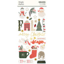 A sheet of Simple Stories Holiday & Christmas foam stickers featuring festive illustrations including Santa Claus, a snowman, pine branches, stars, the word 'FALL,' a Christmas tree, a mug, a stocking, candy canes, and decorative text.