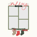 Christmas-themed window with stockings and wreath on a white background