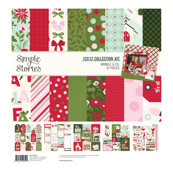 A 12x12 inch collection kit of scrapbook paper by Kringle & Co. titled 'Simple Stories', featuring 87 pieces in a holiday theme.