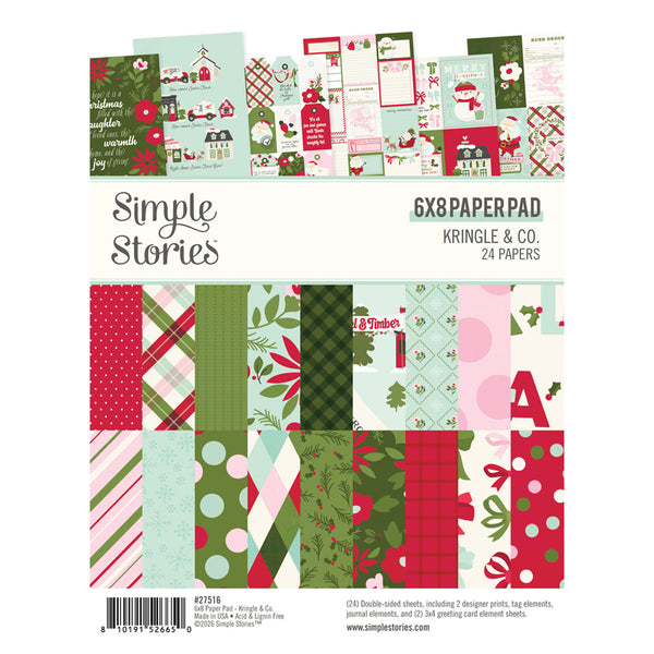 A 6x8 paper pad titled 'Simple Stories' by Kringle & Co., featuring 24 Christmas-themed papers.