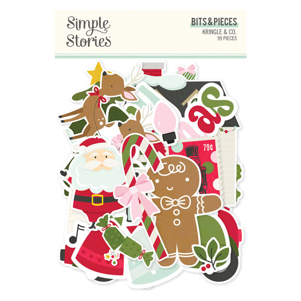 A sheet of Christmas-themed die-cut sticker pieces from Kringle & Co. under the Simple Stories collection, featuring Santa Claus, a gingerbread man, reindeer, candy canes, ornaments, and holiday decorations on a white background.
