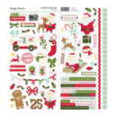 A sheet of Simple Stories Garconick Stickers featuring Christmas-themed illustrations including Santa Claus, reindeer, a snowman, a gingerbread man, candy canes, gift boxes, bows, and holiday phrases on a white background.
