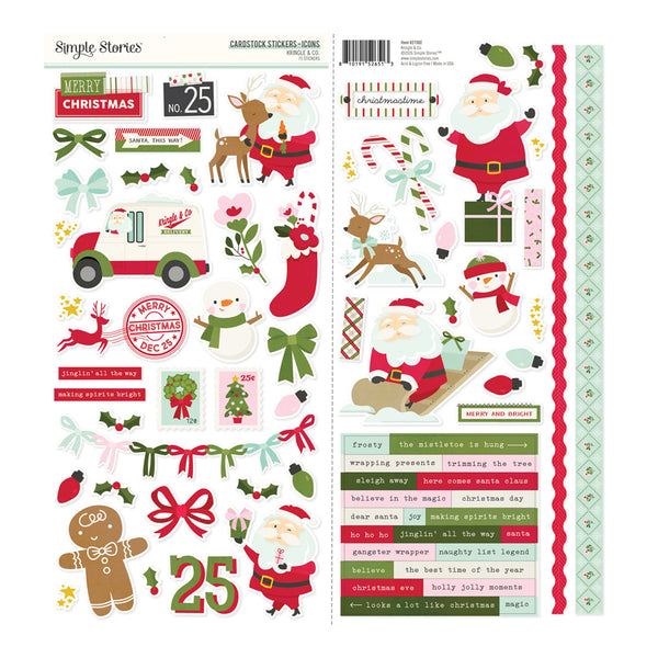 A sheet of Simple Stories Garconick Stickers featuring Christmas-themed illustrations including Santa Claus, reindeer, a snowman, a gingerbread man, candy canes, gift boxes, bows, and holiday phrases on a white background.