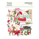 A sheet of Christmas-themed chipboard pieces from Simple Stories, featuring festive cutouts like Santa Claus, a reindeer, a snowman, holly, ornaments, and holiday text such as 'Happy', 'Santa's North Pole', and 'Joll'.
