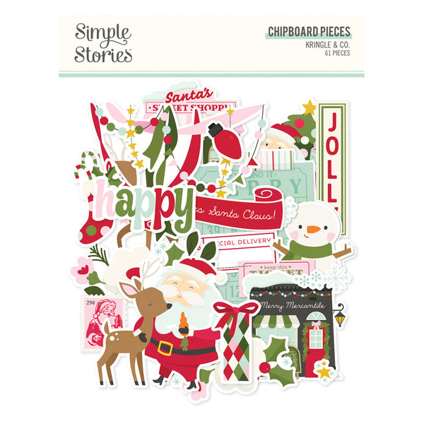 A sheet of Christmas-themed chipboard pieces from Simple Stories, featuring festive cutouts like Santa Claus, a reindeer, a snowman, holly, ornaments, and holiday text such as 'Happy', 'Santa's North Pole', and 'Joll'.