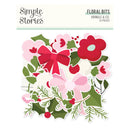 A sheet of floral sticker cutouts from Simple Stories by Kringle & Co. featuring pink and red flowers, a large red bow, green holly leaves, pine branches, and small red berries, shown on a white background with the brand header at the top.