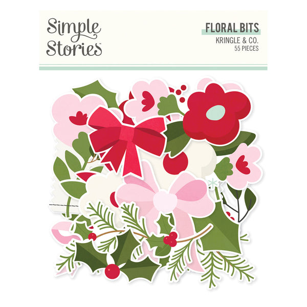 A sheet of floral sticker cutouts from Simple Stories by Kringle & Co. featuring pink and red flowers, a large red bow, green holly leaves, pine branches, and small red berries, shown on a white background with the brand header at the top.