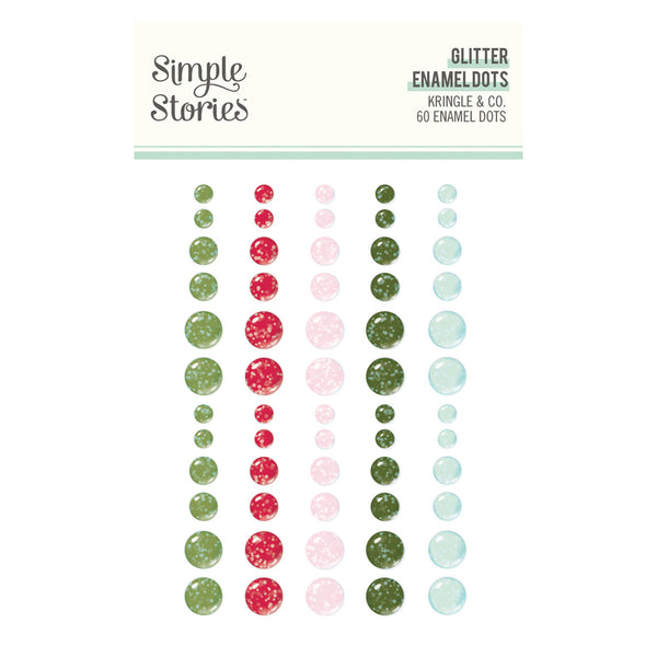 A sheet of glitter enamel dots by Simple Stories, featuring rows of round, glittery dots in green, red, light pink, and light blue on a white background with a branded header card.