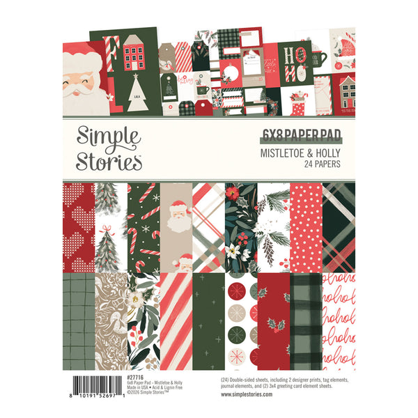 A 12x12 paper pad titled 'Mistletoe & Holly' by Simple Stories, featuring 24 Christmas-themed patterned papers. The packaging displays a collage of holiday designs including Santa Claus, pine trees, candy canes, plaid, and polka dots in red, green, beige, and white.