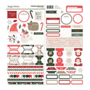 A sheet of planner stickers from Simply Stories featuring Christmas and holiday-themed designs, including Santa hats, candy canes, gift boxes, ornaments, labels, and festive washi tape in red, green, beige, and white.